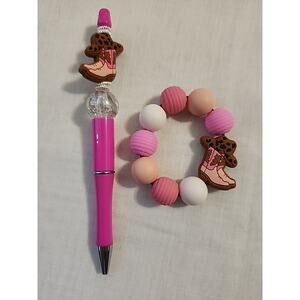 Bead Pen & Cup Charm Matching Combo Pink & Brown Cowgirl Boot Silicone Beads